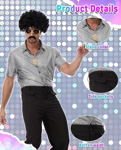 7 Pcs Mens 70's Disco Outfit Retro 70s Mens Costume for Adults 80s Bell Bottom Pants Short Sleeve Shirt in Saudi Arabia