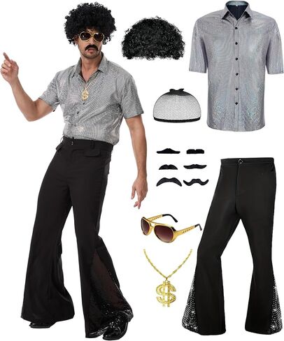 7 Pcs Mens 70's Disco Outfit Retro 70s Mens Costume for Adults 80s Bell Bottom Pants Short Sleeve Shirt in Saudi Arabia