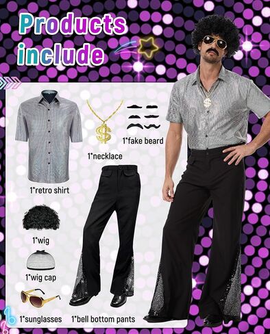 7 Pcs Mens 70's Disco Outfit Retro 70s Mens Costume for Adults 80s Bell Bottom Pants Short Sleeve Shirt in Saudi Arabia