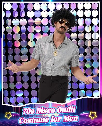 7 Pcs Mens 70's Disco Outfit Retro 70s Mens Costume for Adults 80s Bell Bottom Pants Short Sleeve Shirt in Saudi Arabia