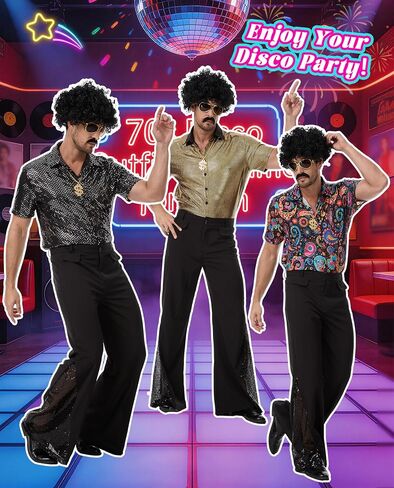7 Pcs Mens 70's Disco Outfit Retro 70s Mens Costume for Adults 80s Bell Bottom Pants Short Sleeve Shirt in Saudi Arabia