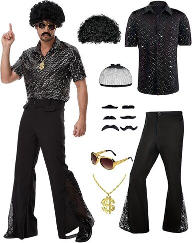7 Pcs Mens 70's Disco Outfit Retro 70s Mens Costume for Adults 80s Bell Bottom Pants Short Sleeve Shirt in Saudi Arabia