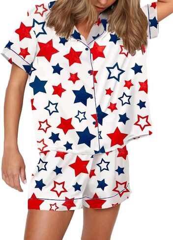 RUEWEY Women American Flag Pajamas Set Satin Silk Button Short Sleeve Shirt Shorts 2 Piece Loungewear in Kuwait