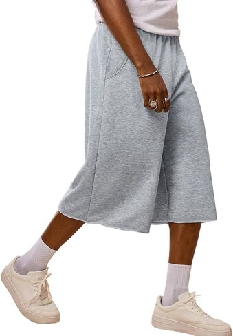 Mens Shorts Cotton Baggy Drawstring Capris Shorts Stretch Hip Hop Streetwear Casual Long Sweat Shorts with Pockets in Saudi Arabia