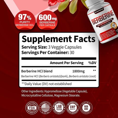 Berberine Supplement 1800mg - Premium Berberine HCl 97% High Purity, Supports Immune System, High Potency Hydrochloride & Extract, Activates AMPK & GLP-1, Non-GMO Vegan, for Men Woman 90 Capsules in Saudi Arabia