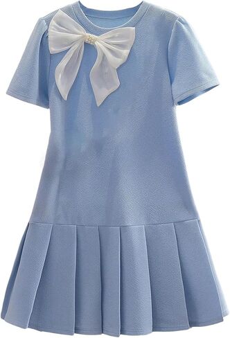 Floerns Girl's Casual Pleated Cute Dresses Bow Puff Sleeve Crewneck Preppy Smock Dresses in Kuwait