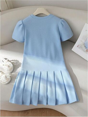 Floerns Girl's Casual Pleated Cute Dresses Bow Puff Sleeve Crewneck Preppy Smock Dresses in Kuwait
