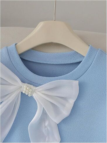 Floerns Girl's Casual Pleated Cute Dresses Bow Puff Sleeve Crewneck Preppy Smock Dresses in Kuwait
