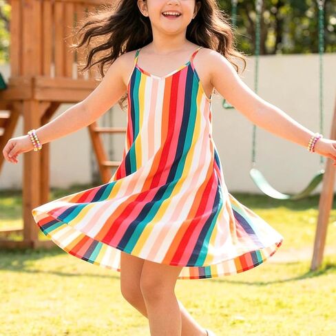 Girls' Rainbow Striped Sundress V Neck Thin Straps A Line Summer Casual Vacation Beach Vacation Dress 8-10 Years in Kuwait