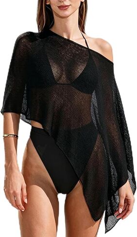RUEWEY Womens Sheer Cover Ups Lightweight Crochet Knit Mesh Shrug Drop Shoulder Batwing Sleeve Boho Poncho Tops Beachwear in Kuwait