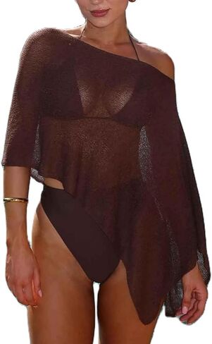 RUEWEY Womens Sheer Cover Ups Lightweight Crochet Knit Mesh Shrug Drop Shoulder Batwing Sleeve Boho Poncho Tops Beachwear in Kuwait