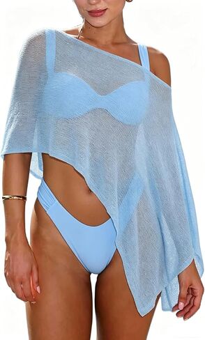 RUEWEY Womens Sheer Cover Ups Lightweight Crochet Knit Mesh Shrug Drop Shoulder Batwing Sleeve Boho Poncho Tops Beachwear in Kuwait