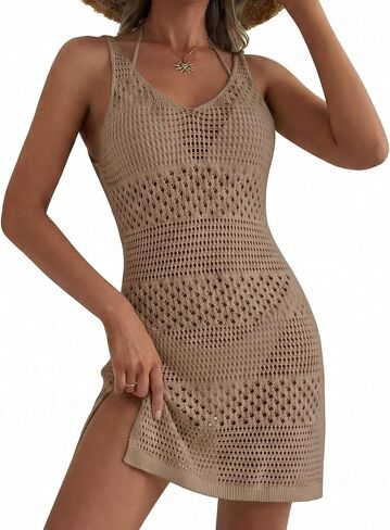 Jiuguva Women Crochet Swimsuit Cover up Bathing Suit Coverup V Neck Knit Slit Tank Dress Hollow Out Beach Mini Dress Vacation in Kuwait