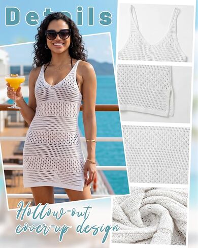 Jiuguva Women Crochet Swimsuit Cover up Bathing Suit Coverup V Neck Knit Slit Tank Dress Hollow Out Beach Mini Dress Vacation in Kuwait