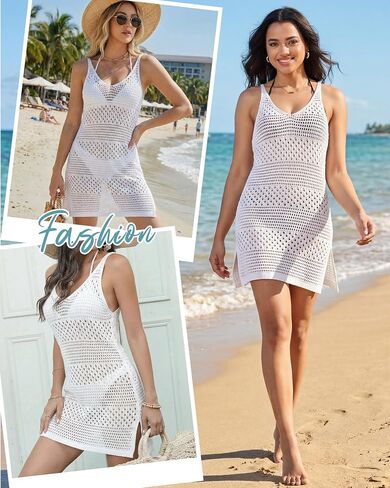 Jiuguva Women Crochet Swimsuit Cover up Bathing Suit Coverup V Neck Knit Slit Tank Dress Hollow Out Beach Mini Dress Vacation in Kuwait