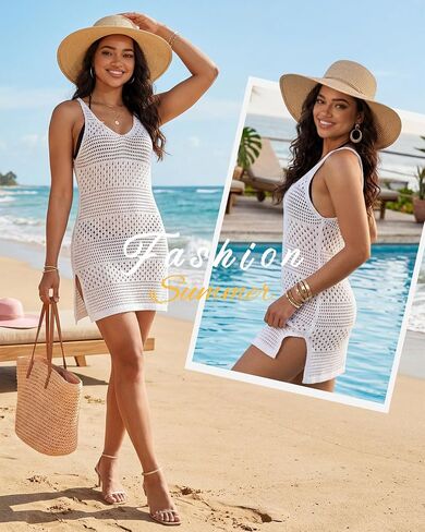 Jiuguva Women Crochet Swimsuit Cover up Bathing Suit Coverup V Neck Knit Slit Tank Dress Hollow Out Beach Mini Dress Vacation in Kuwait