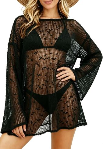 FINOCEANS Women's Long Sleeve Swim Cover Up Crew Neck Side Slit Crochet Sheer Sequin Beach Dress for Summer Vacation in Saudi Arabia