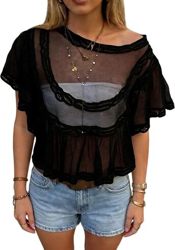 Women Sheer Mesh Top Lace Crop Blouse Ruffle Babydoll Cover Up Poncho Shirt Summer Beach Shawl Going Out Tops in Saudi Arabia