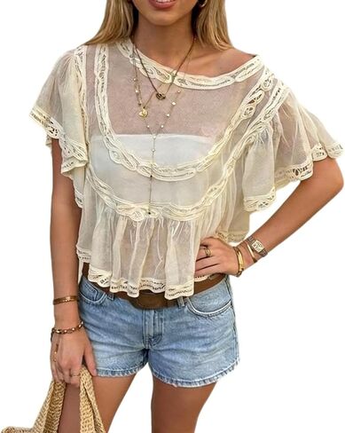 Women Sheer Mesh Top Lace Crop Blouse Ruffle Babydoll Cover Up Poncho Shirt Summer Beach Shawl Going Out Tops in Saudi Arabia