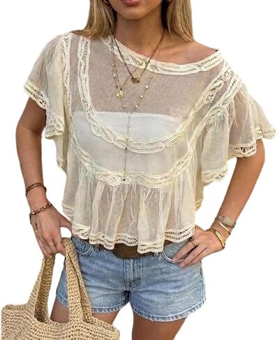 Women Sheer Mesh Top Lace Crop Blouse Ruffle Babydoll Cover Up Poncho Shirt Summer Beach Shawl Going Out Tops in Saudi Arabia