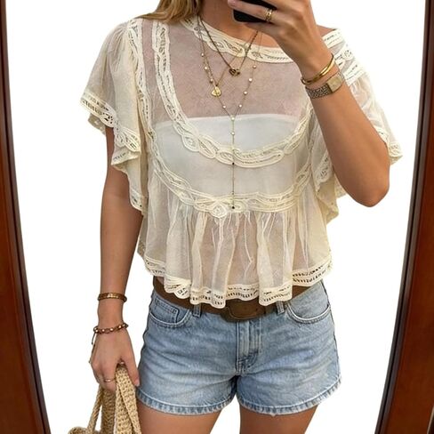 Women Sheer Mesh Top Lace Crop Blouse Ruffle Babydoll Cover Up Poncho Shirt Summer Beach Shawl Going Out Tops in Saudi Arabia