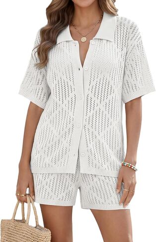 Bsubseach Womens Swim Cover Up 2 Piece Set Crochet Button Down Cardigan Tops Drawstring Shorts Sets Summer Resort Wear in Kuwait