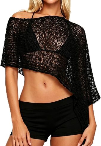 Women Y2k Asymmetrical Sheer Knit Poncho Top Boho Lightweight Shrug See Through Swimsuit Cover Ups Summer Beachwear in Kuwait