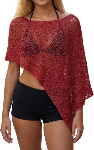 Women Y2k Asymmetrical Sheer Knit Poncho Top Boho Lightweight Shrug See Through Swimsuit Cover Ups Summer Beachwear in Kuwait