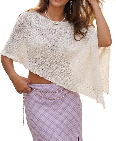 Women Y2k Asymmetrical Sheer Knit Poncho Top Boho Lightweight Shrug See Through Swimsuit Cover Ups Summer Beachwear in Kuwait