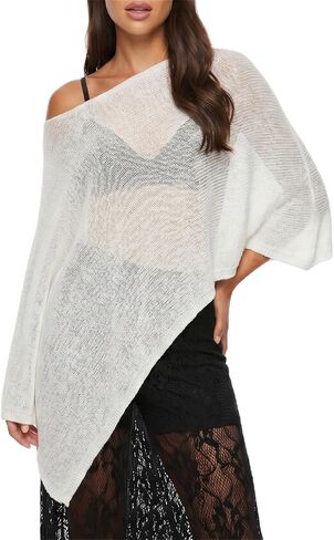 Women Y2k Asymmetrical Sheer Knit Poncho Top Boho Lightweight Shrug See Through Swimsuit Cover Ups Summer Beachwear in Kuwait
