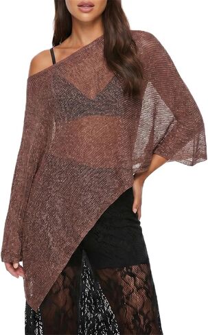 Women Y2k Asymmetrical Sheer Knit Poncho Top Boho Lightweight Shrug See Through Swimsuit Cover Ups Summer Beachwear in Kuwait