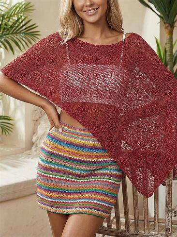 Women Y2k Asymmetrical Sheer Knit Poncho Top Boho Lightweight Shrug See Through Swimsuit Cover Ups Summer Beachwear in Kuwait