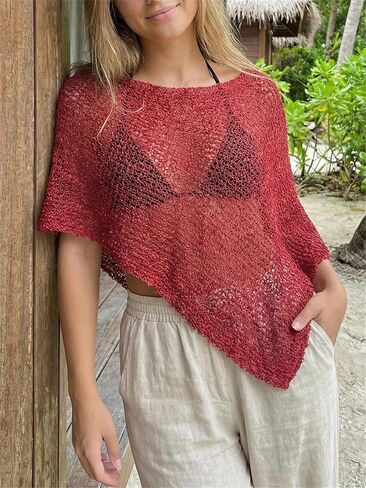 Women Y2k Asymmetrical Sheer Knit Poncho Top Boho Lightweight Shrug See Through Swimsuit Cover Ups Summer Beachwear in Kuwait