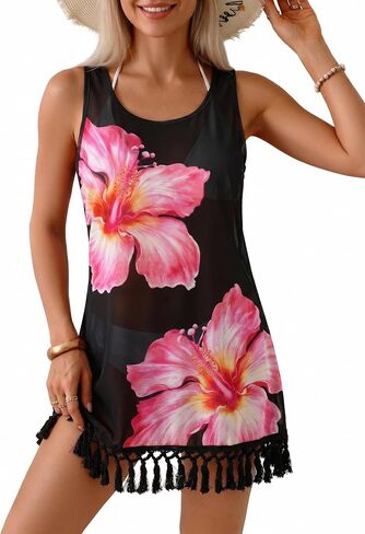 Dokotoo Women's Sheer Floral Beach Cover Up Sleeveless Tassel Hem Swimwear Cover Up Dress for Summer Beach Vacation in Kuwait