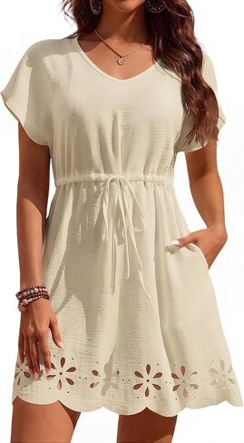 Bsubseach Swimsuit Coverup for Women V Neck Beach Cover Ups with Pockets Drawstring Swim Cover Up Dresses in Kuwait
