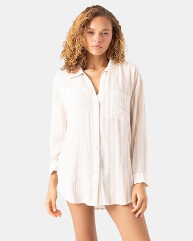 Roxy Stripe Out Cover Up Shirt - Color: Egret in Kuwait