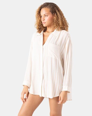Roxy Stripe Out Cover Up Shirt - Color: Egret in Kuwait