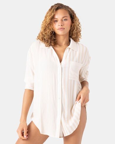 Roxy Stripe Out Cover Up Shirt - Color: Egret in Kuwait