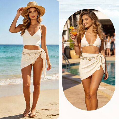 GERINLY Sarong with Waist Chain Belt Set, Swim Skirt Cover Up with Belly Chain, Bathing Suit Sarong Wraps, Beach Outfits in Kuwait