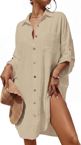 Bsubseach Swimsuit Coverup for Women Button Down Shirt Coverups for Bathing Suits Palm Embroidery Beach Dress in Kuwait
