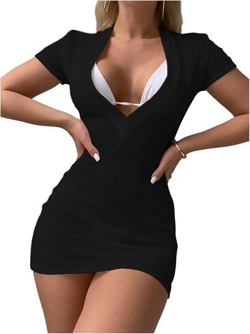 SweatyRocks Women's Crochet Swimsuit Cover Up Dress Hollow Out Deep V Neck Beach Vacation Dress Bathing Suit in Kuwait