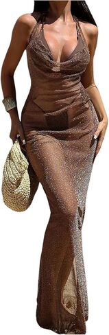 OYOANGLE Women's Sparkling Mesh Swimsuit Cover Up Dress Backless Draped Halter Bodycon Beach Dress in Kuwait