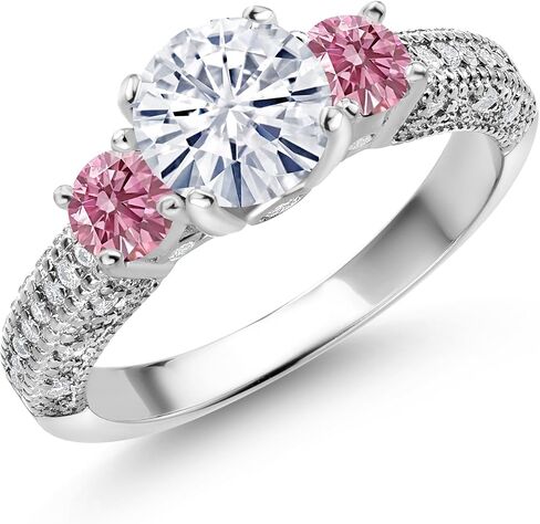 Gem Stone King 1.78 Cttw White Moissanite and Pink Lab Grown Diamond Engagement Ring For Women | 925 Sterling Silver | Round 7MM and 4MM | Wedding Anniversary Promise Ring For Women in Kuwait