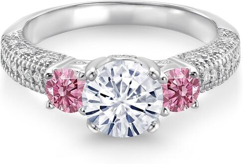 Gem Stone King 1.78 Cttw White Moissanite and Pink Lab Grown Diamond Engagement Ring For Women | 925 Sterling Silver | Round 7MM and 4MM | Wedding Anniversary Promise Ring For Women in Kuwait