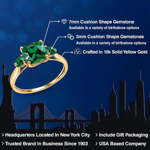 Gem Stone King 10K Yellow Gold Green Nano Emerald 3-Stone Engagement Ring For Women | 0.99 Cttw | Cushion 7MM and 3MM | Gemstone Birthstone | 3 Stone Wedding Anniversary Promise Ring in Kuwait