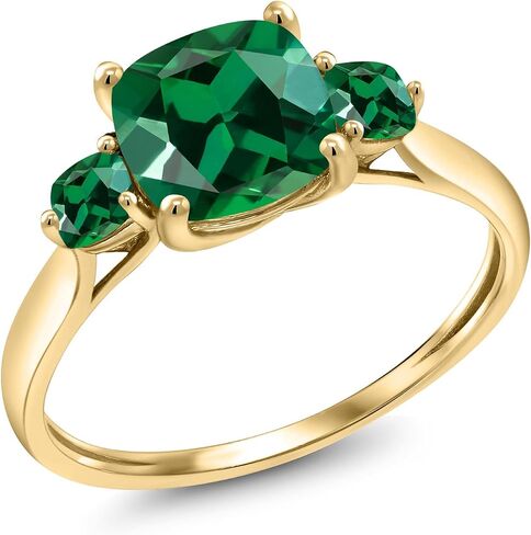 Gem Stone King 10K Yellow Gold Green Nano Emerald 3-Stone Engagement Ring For Women | 0.99 Cttw | Cushion 7MM and 3MM | Gemstone Birthstone | 3 Stone Wedding Anniversary Promise Ring in Kuwait