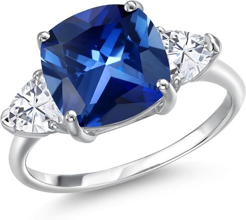 Gem Stone King 10K White Gold Blue Created Sapphire and White Moissanite 3-Stone Engagement Ring For Women | 6.26 Cttw | Cushion 10MM | Gemstone Birthstone | Available In Size 5, 6, 7, 8, 9 in Kuwait