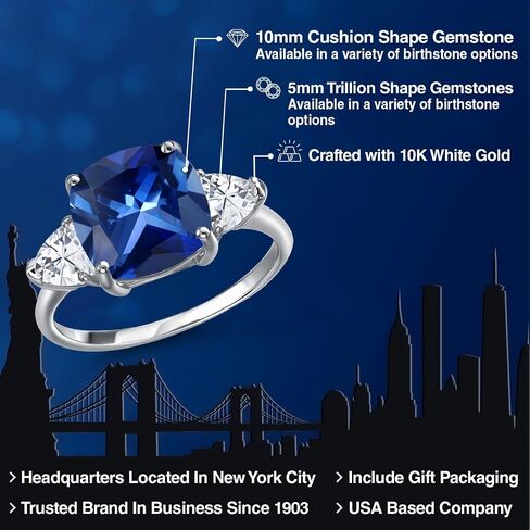 Gem Stone King 10K White Gold Blue Created Sapphire and White Moissanite 3-Stone Engagement Ring For Women | 6.26 Cttw | Cushion 10MM | Gemstone Birthstone | Available In Size 5, 6, 7, 8, 9 in Kuwait