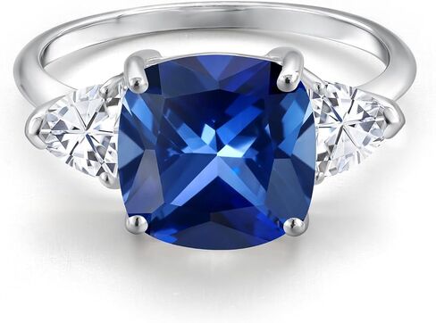 Gem Stone King 10K White Gold Blue Created Sapphire and White Moissanite 3-Stone Engagement Ring For Women | 6.26 Cttw | Cushion 10MM | Gemstone Birthstone | Available In Size 5, 6, 7, 8, 9 in Kuwait