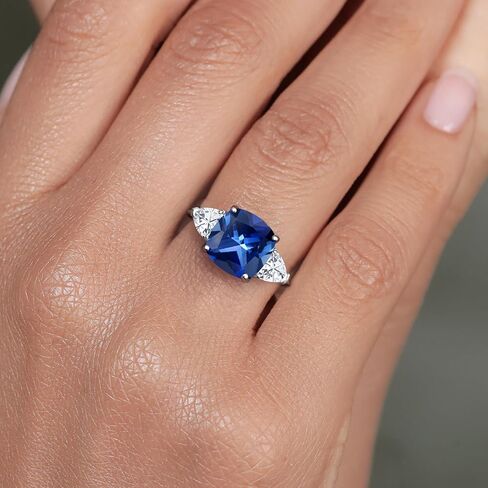 Gem Stone King 10K White Gold Blue Created Sapphire and White Moissanite 3-Stone Engagement Ring For Women | 6.26 Cttw | Cushion 10MM | Gemstone Birthstone | Available In Size 5, 6, 7, 8, 9 in Kuwait